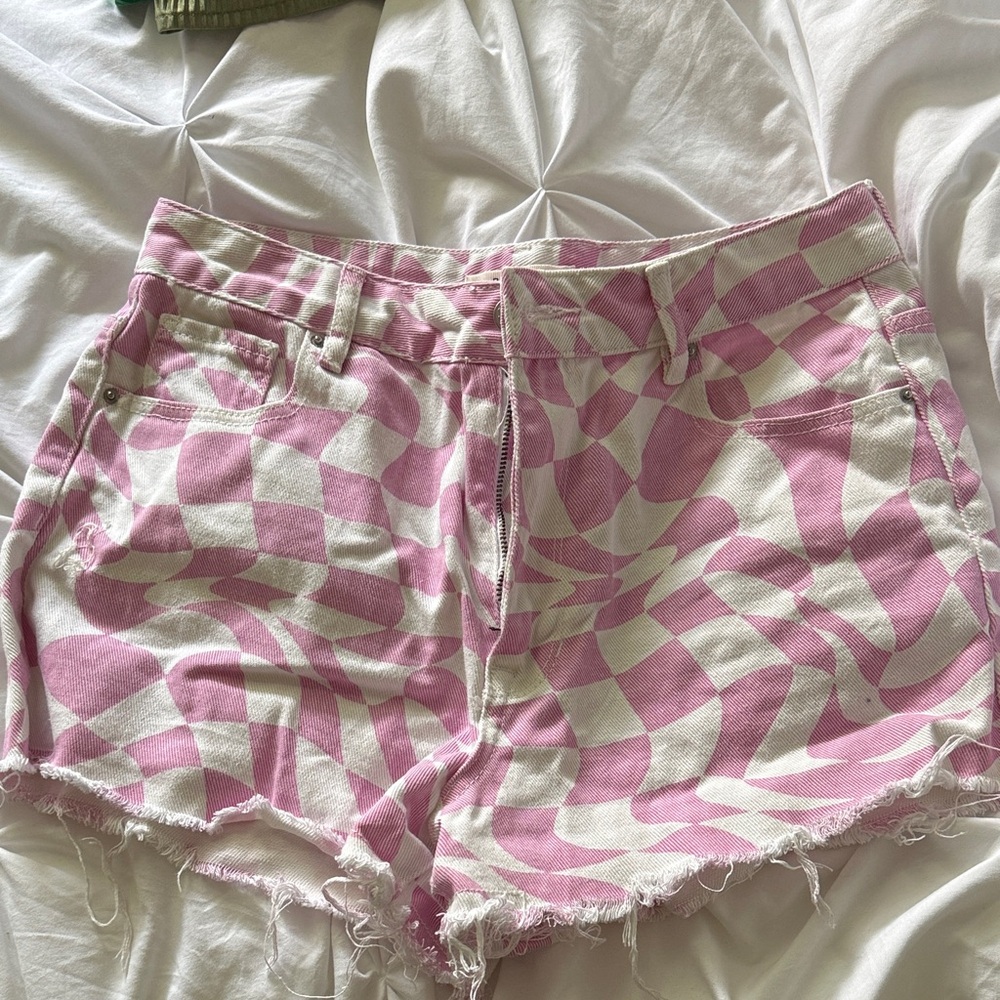 PacSun Pink and White Checkered Jean Shorts